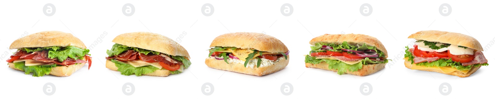 Image of Set of delicious sandwiches on white background. Banner design 