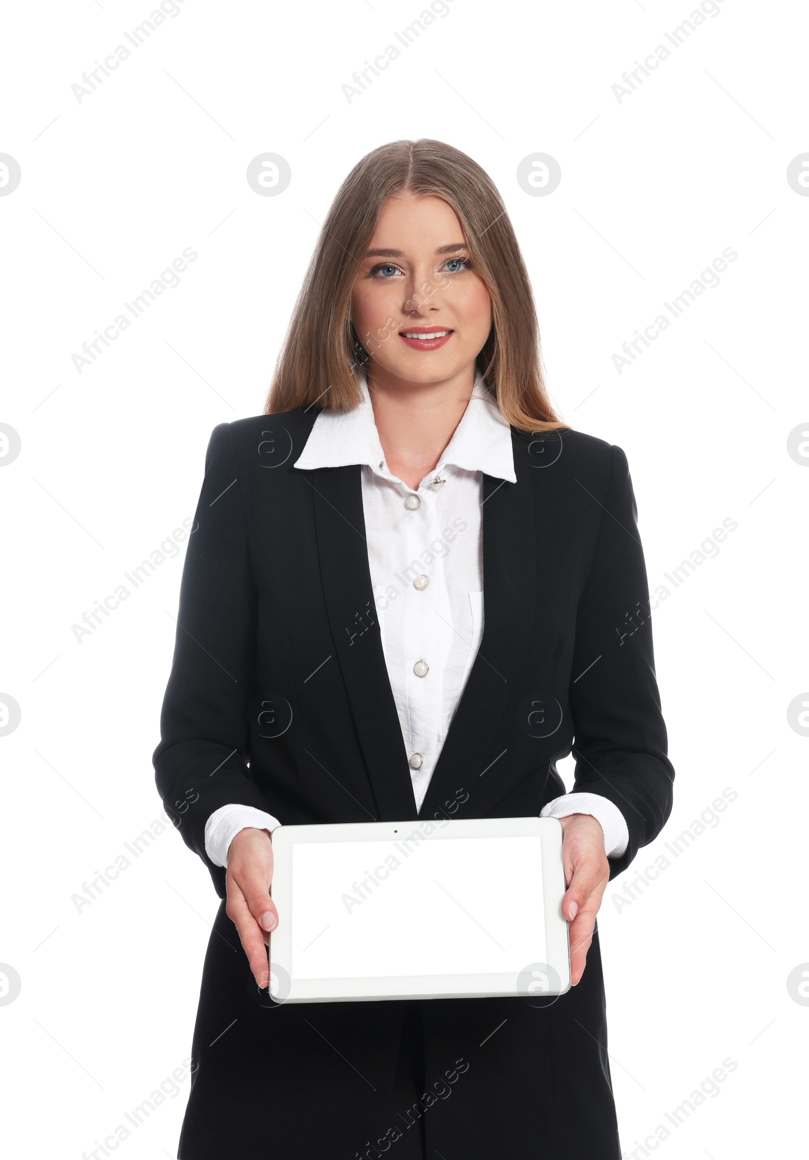 Photo of Portrait of young hostess in uniform on white background