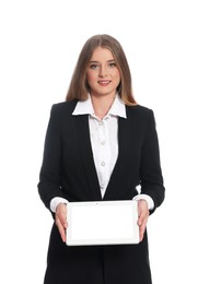 Portrait of young hostess in uniform on white background