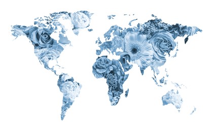 World map made of beautiful flowers on white background, banner design