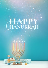 Image of Happy Hanukkah. Menorah, donut, dreidels and gifts on white table against turquoise background