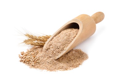 Photo of Wooden scoop with wheat bran on white background