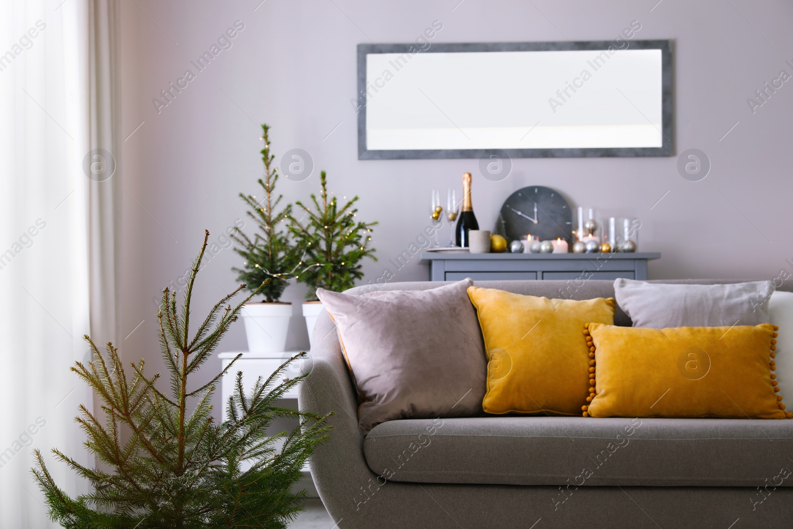 Photo of Beautiful room interior with decorated Christmas firs and comfortable sofa