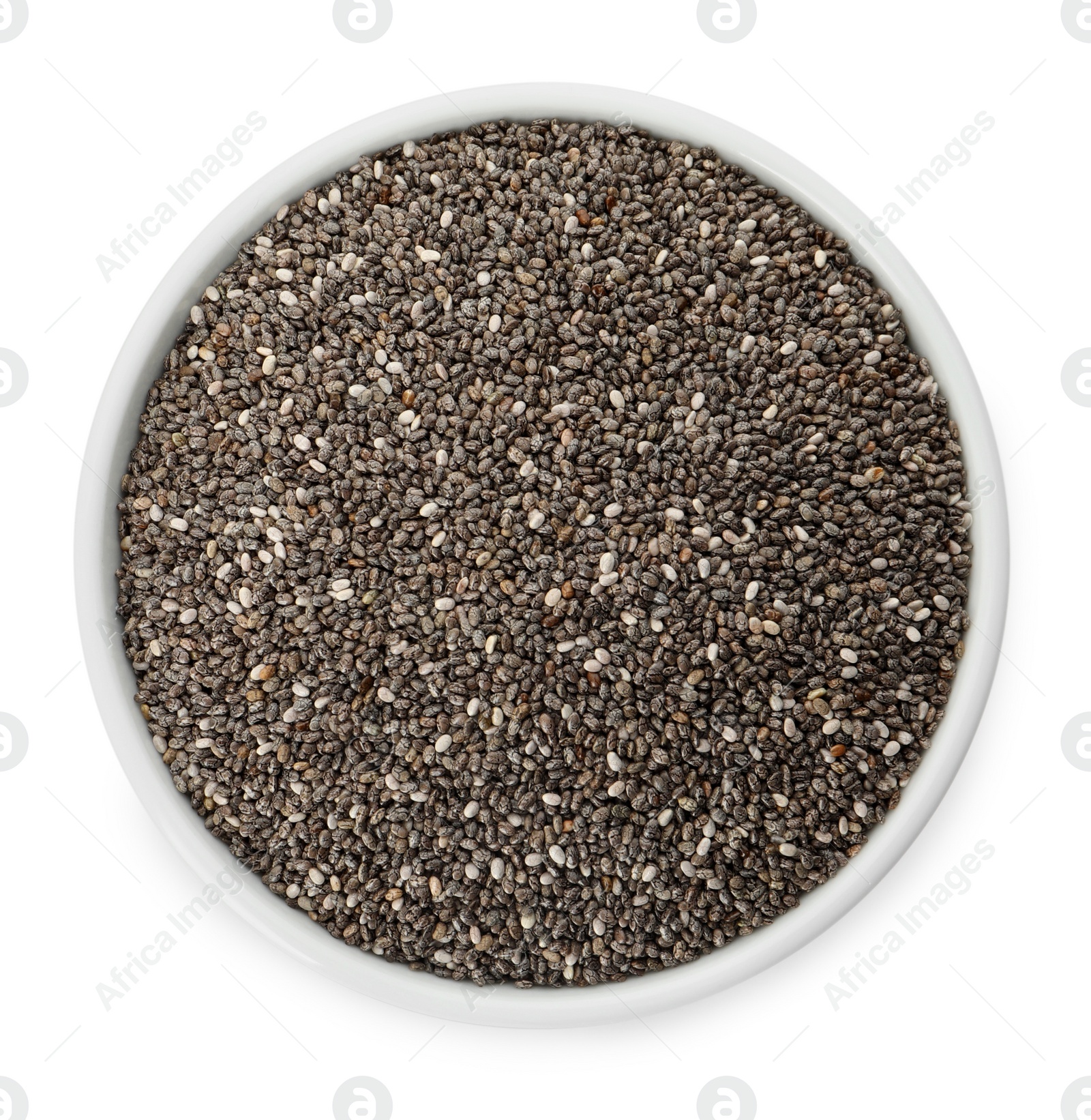 Photo of Chia seeds in bowl isolated on white, top view