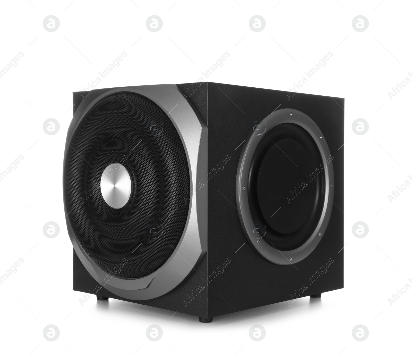 Photo of Modern subwoofer isolated on white. Powerful audio speaker