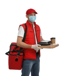 Photo of Courier in protective gloves and mask holding order on white background. Food delivery service during coronavirus quarantine