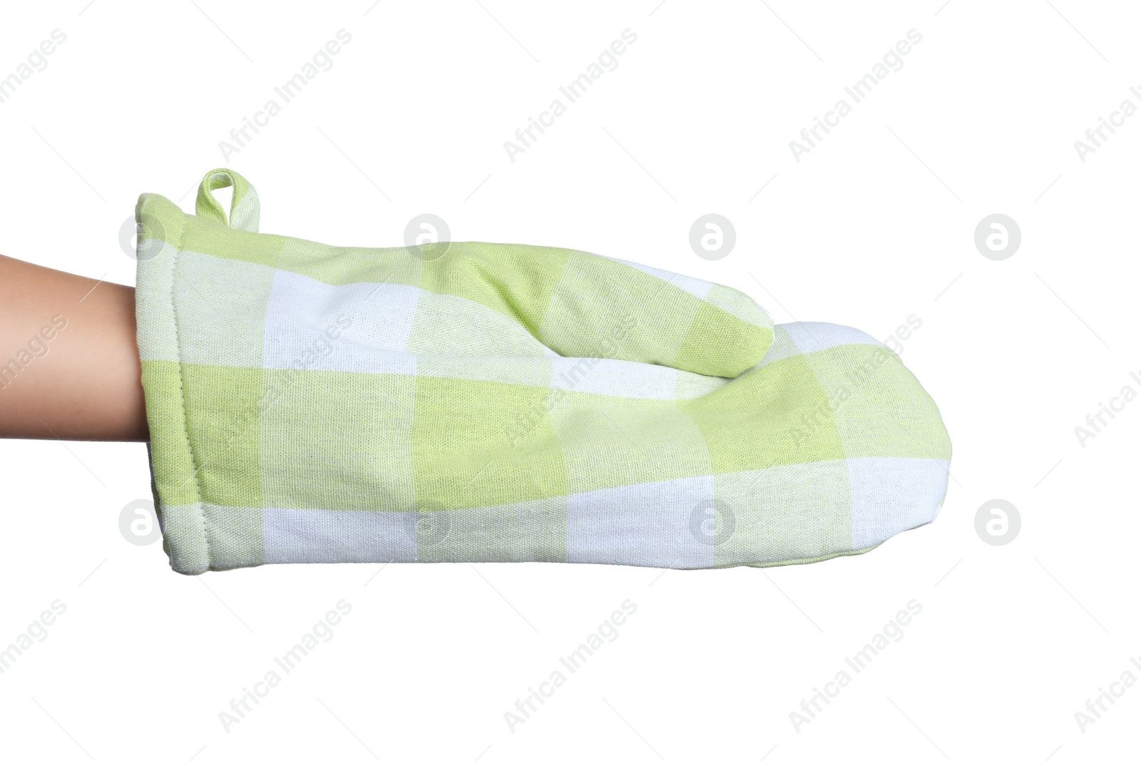 Photo of Chef in oven glove on white background, closeup