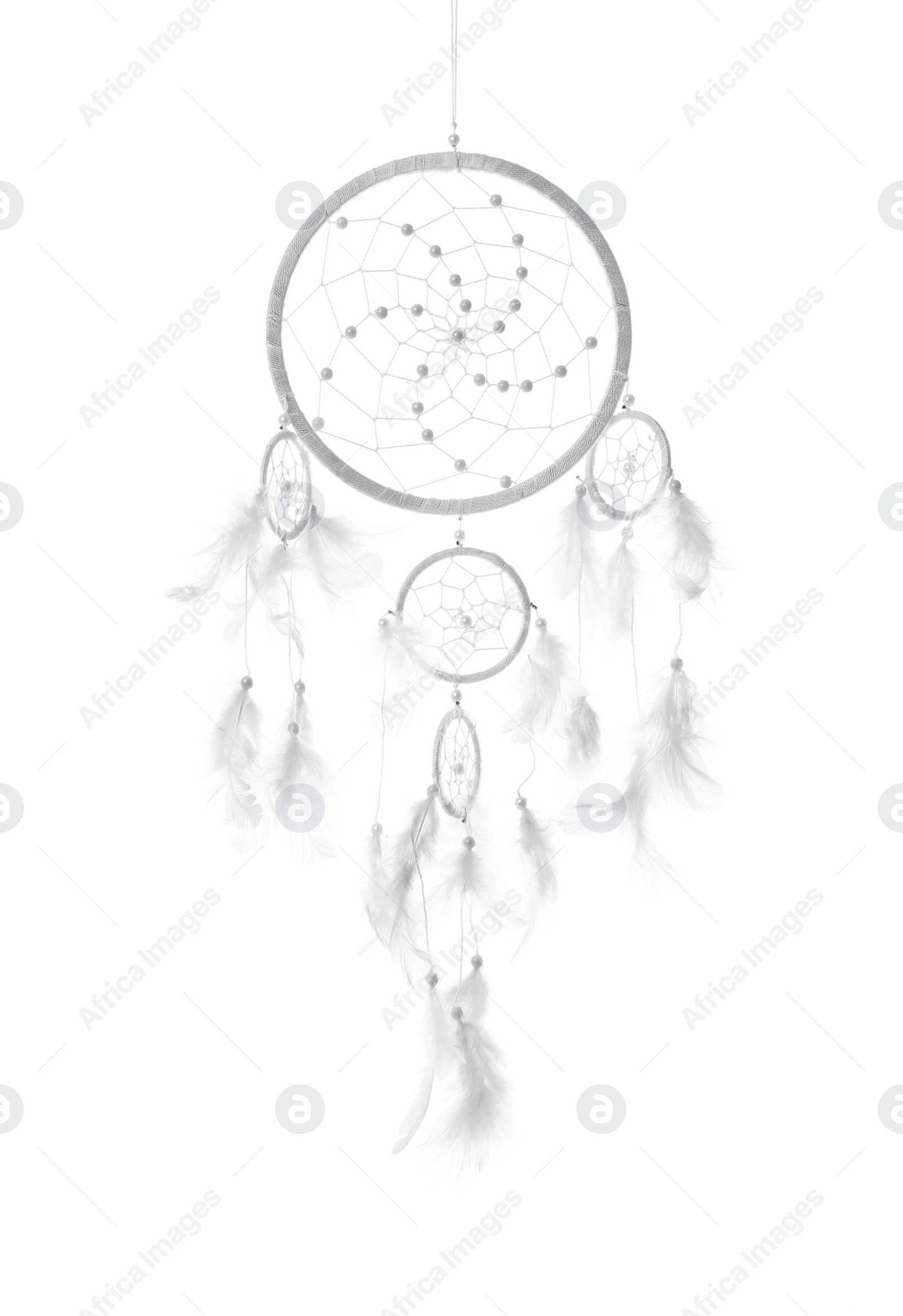 Photo of Beautiful handmade dream catcher on white background