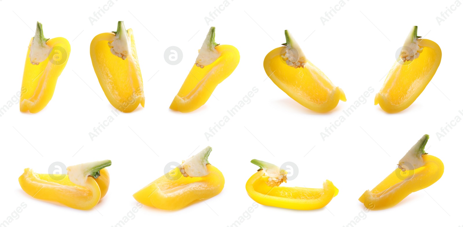 Image of Set of cut ripe yellow bell peppers on white background