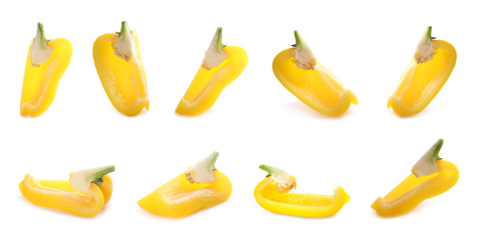 Set of cut ripe yellow bell peppers on white background
