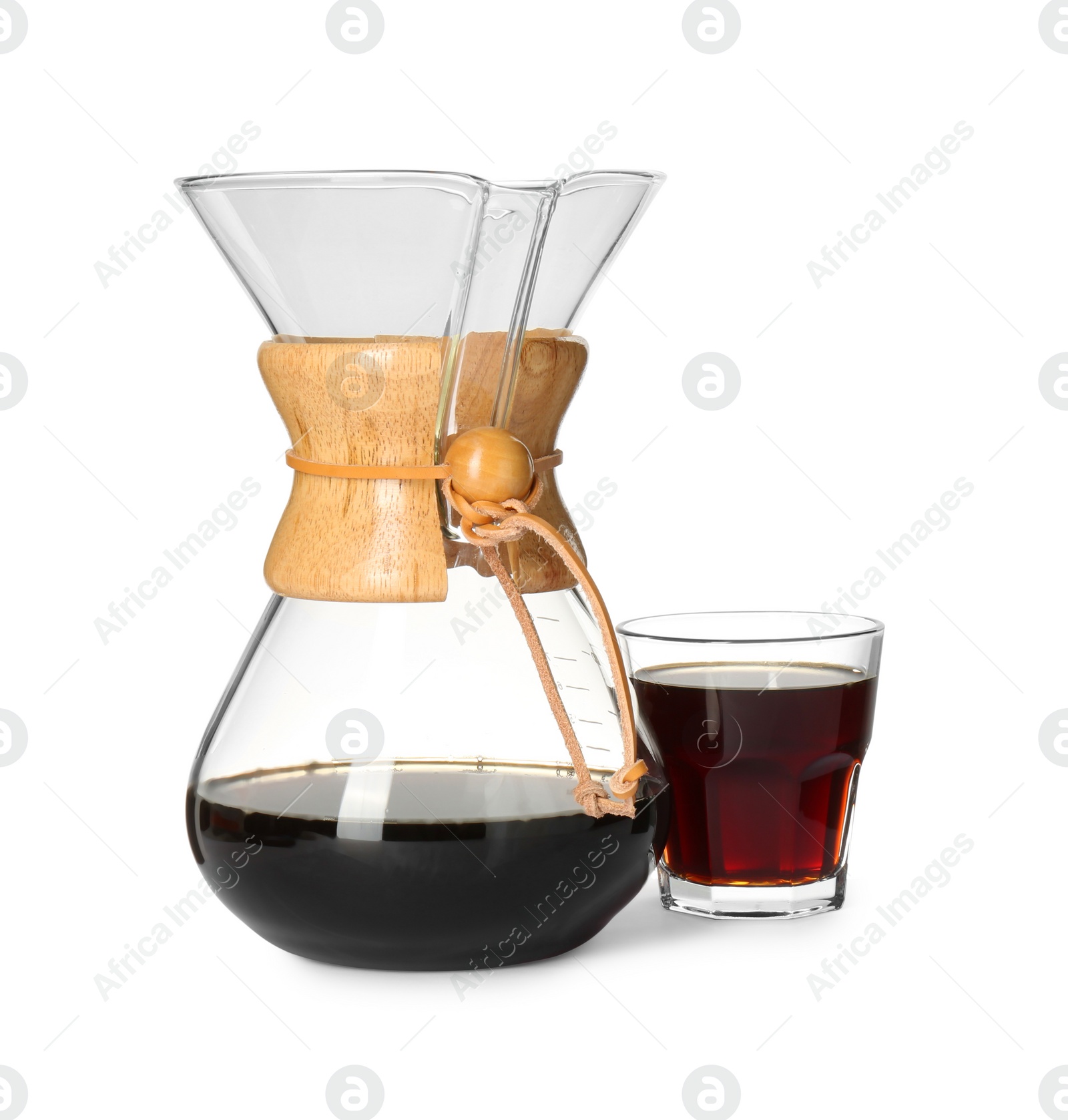 Photo of Chemex coffeemaker and glass of coffee isolated on white