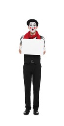 Mime artist with blank sign making shocked face on white background