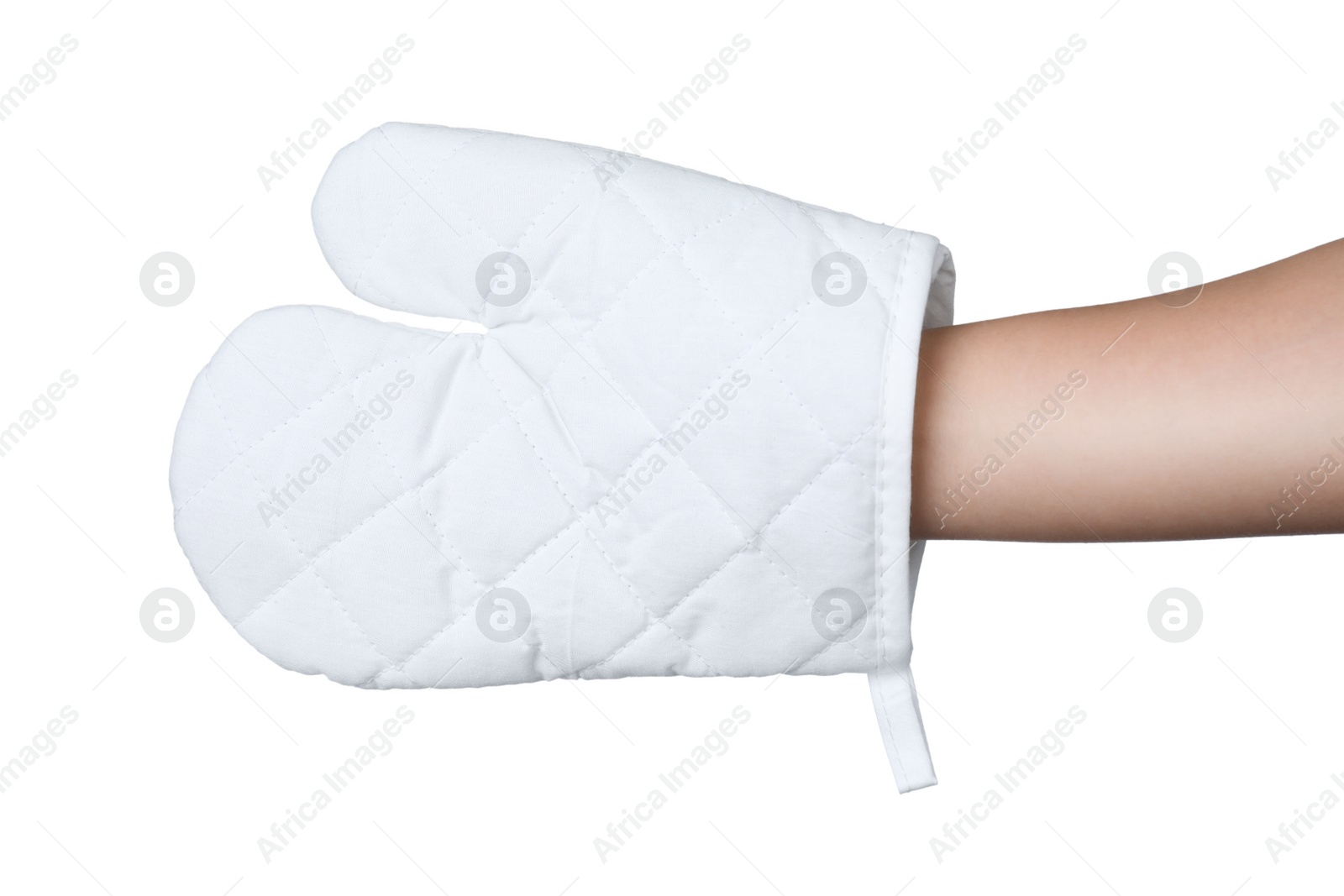 Photo of Chef in oven glove on white background, closeup