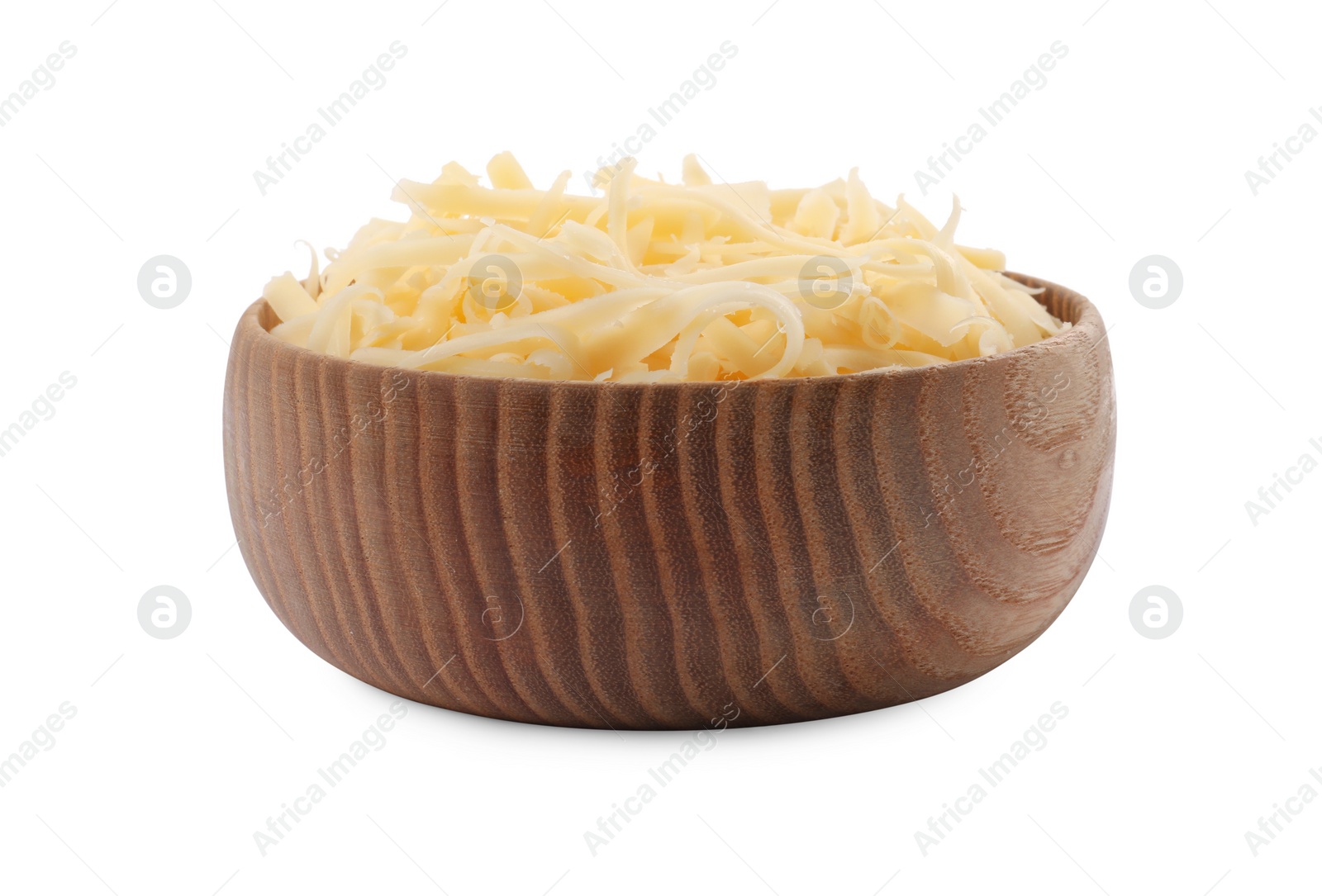 Photo of Tasty grated cheese in bowl isolated on white