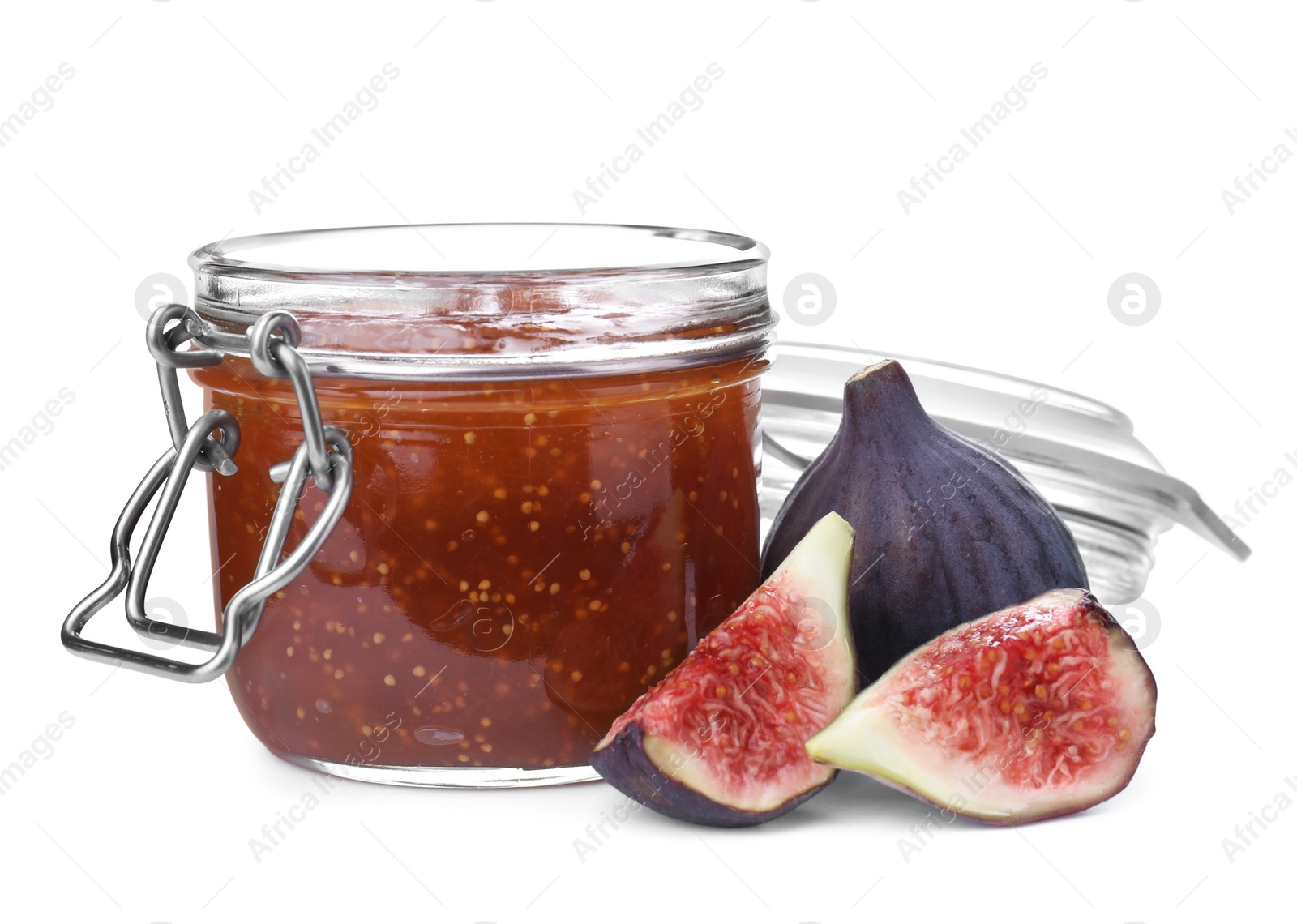 Photo of Homemade delicious fig jam and fresh fruits on white background