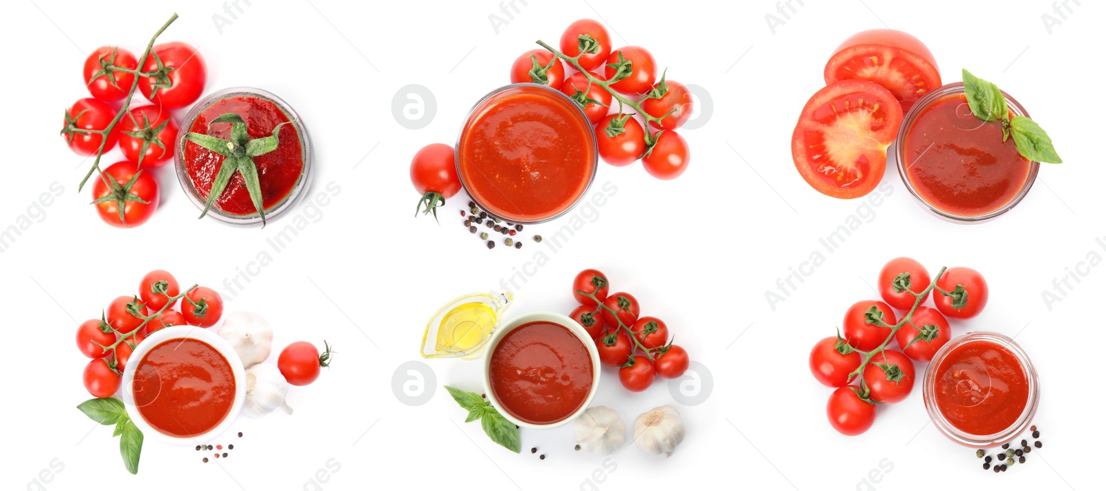 Image of Collage with delicious tomato sauce on white background, top view