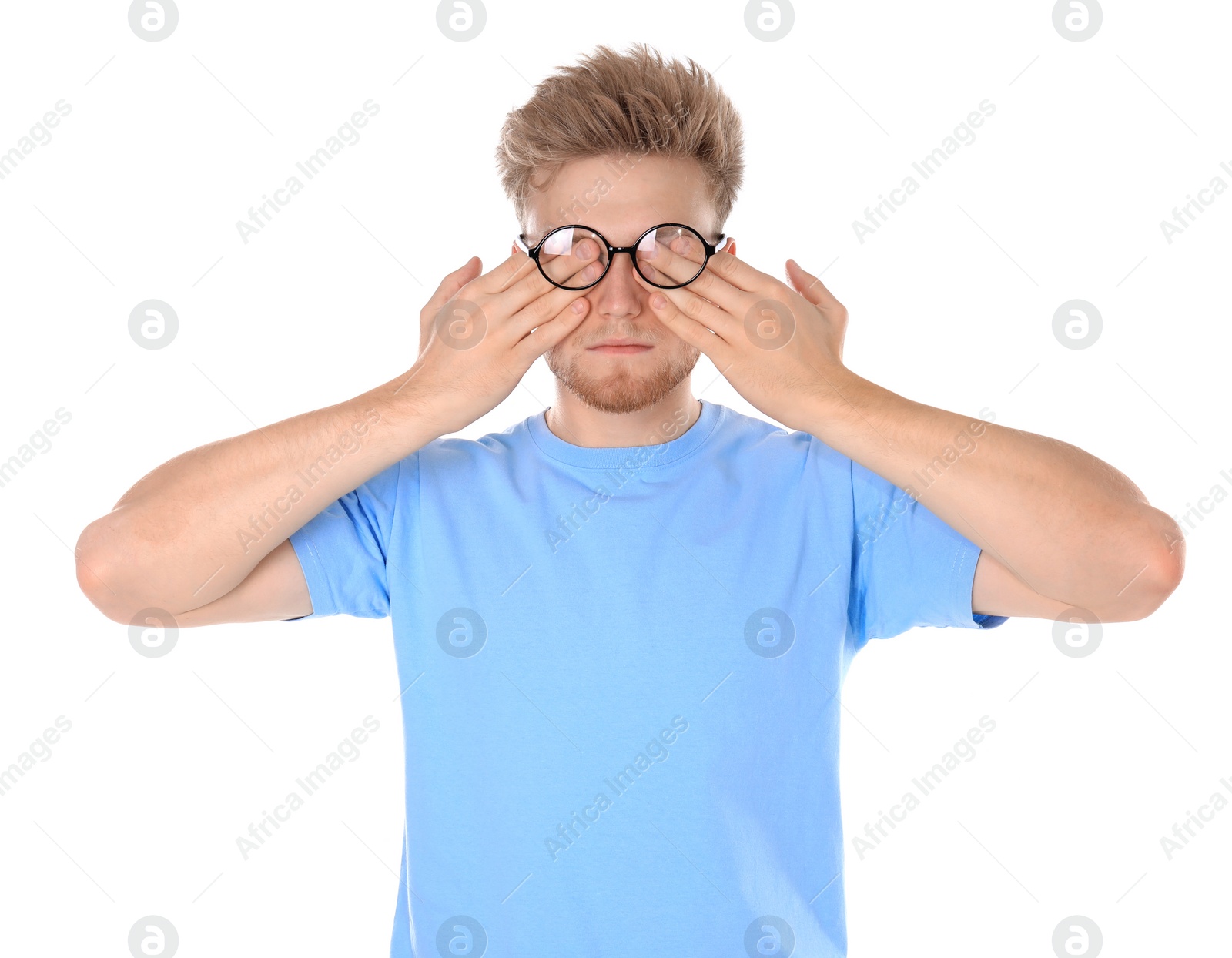 Photo of Young man with glasses covering eyes on white background