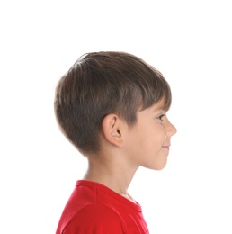 Photo of Cute little boy on white background. Hearing problem