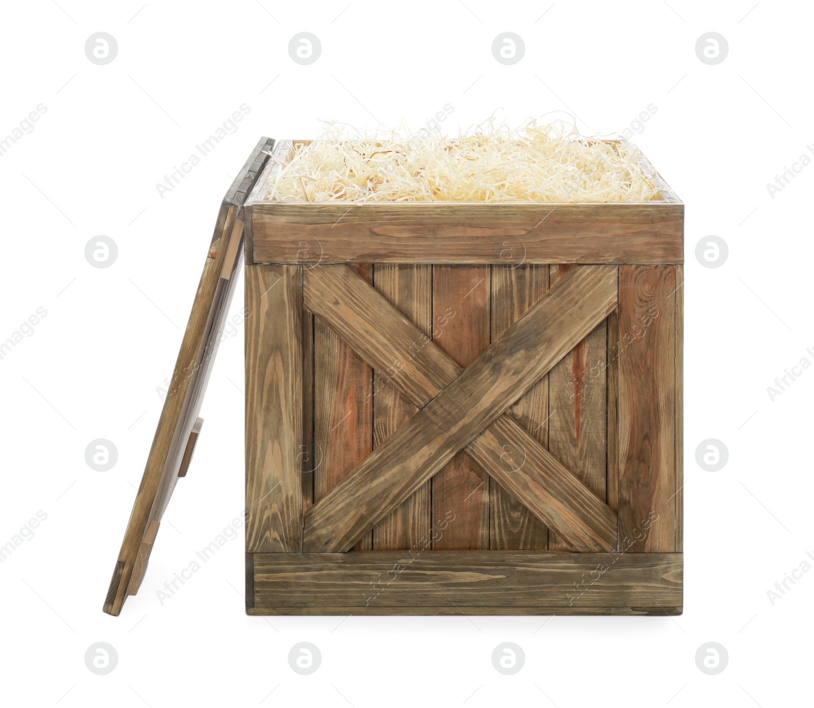 Photo of Old open wooden crate with filler and lid isolated on white