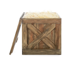 Photo of Old open wooden crate with filler and lid isolated on white