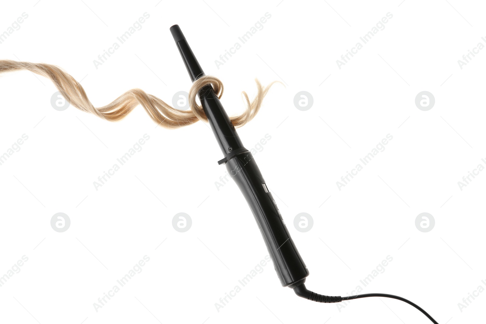 Photo of Blond hair and curling iron isolated on white