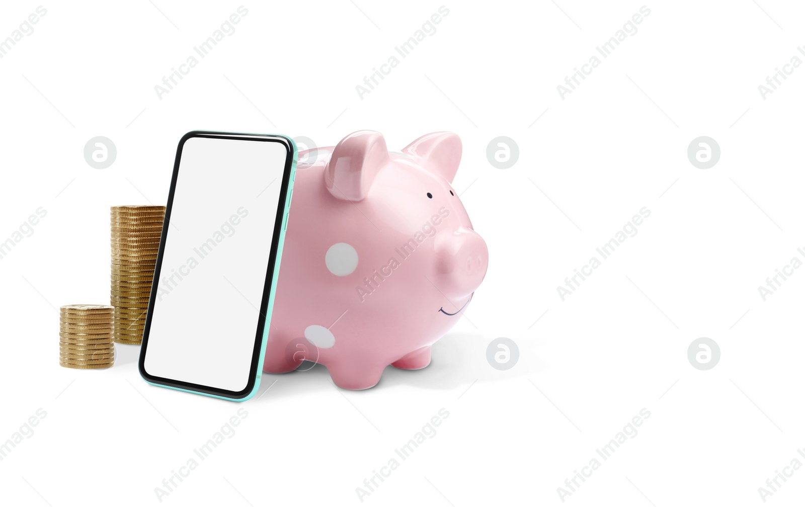 Image of Piggy bank with coins and smartphone on white background. Online banking