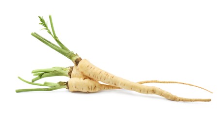 Photo of Tasty fresh ripe parsnips on white background