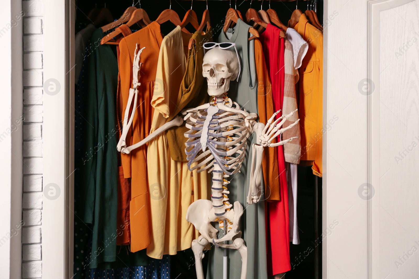 Photo of Artificial human skeleton model among clothes in wardrobe