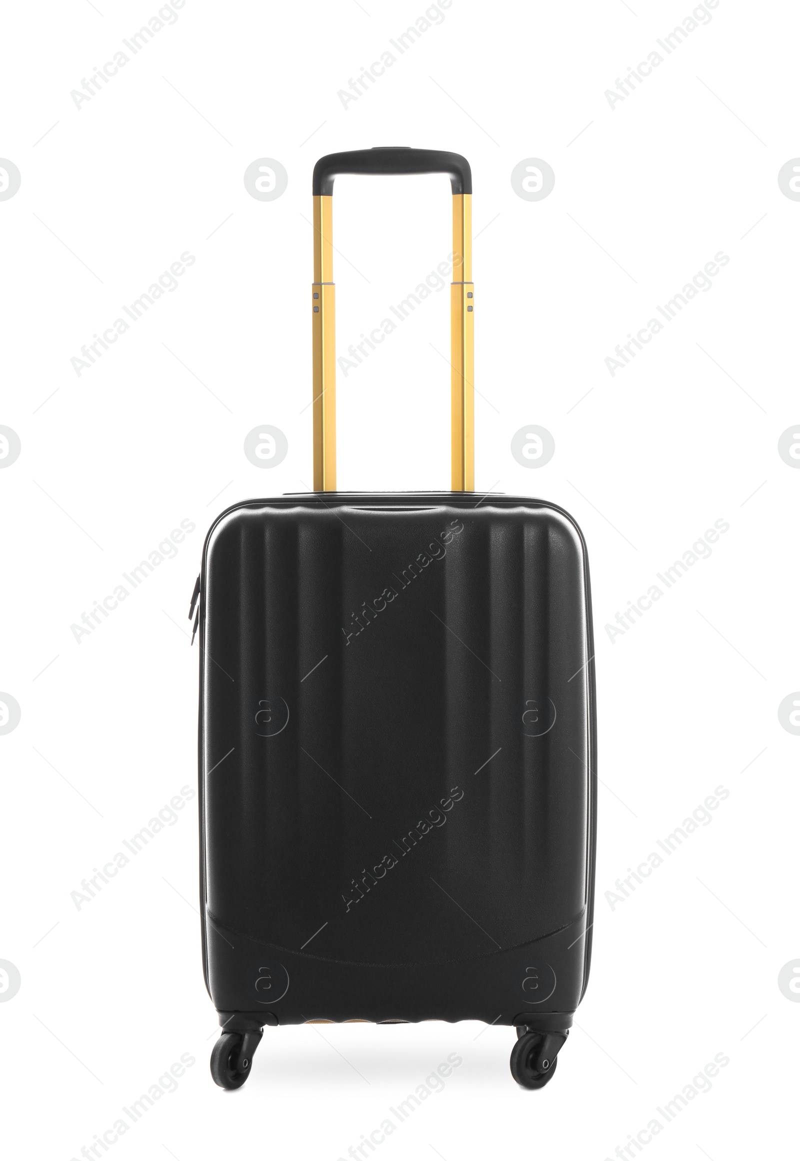 Photo of Black suitcase for travelling on white background