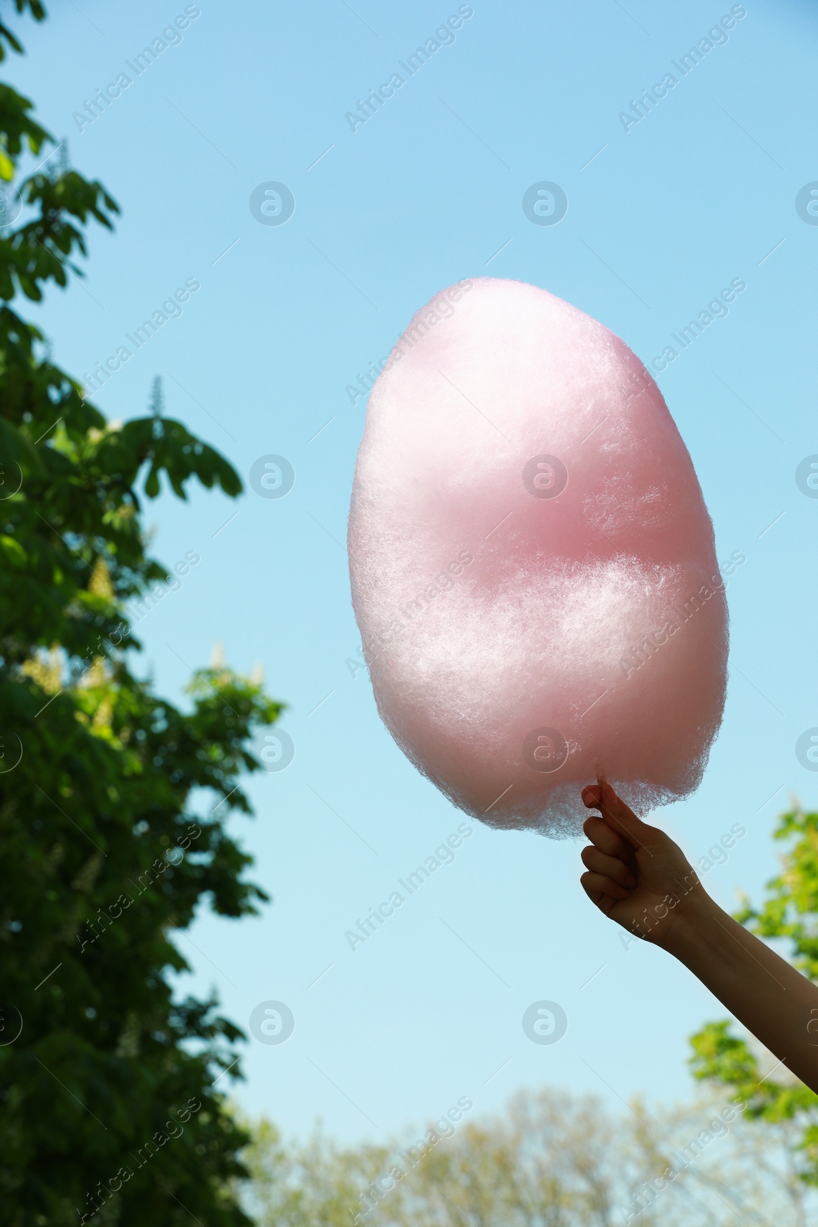 Photo of Woman holding sweet cotton candy against blue sky, closeup