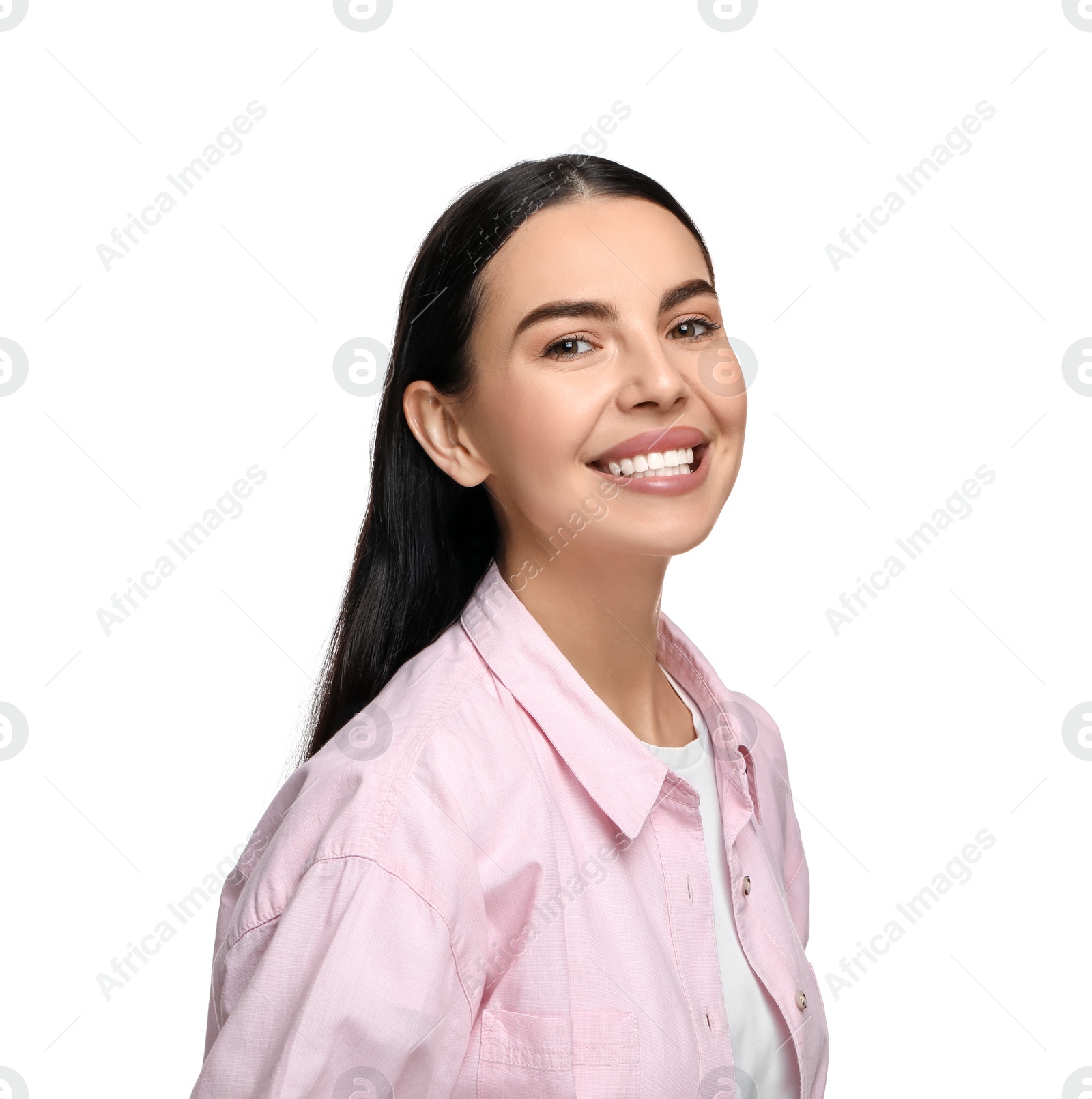 Photo of Beautiful woman with clean teeth smiling on white background