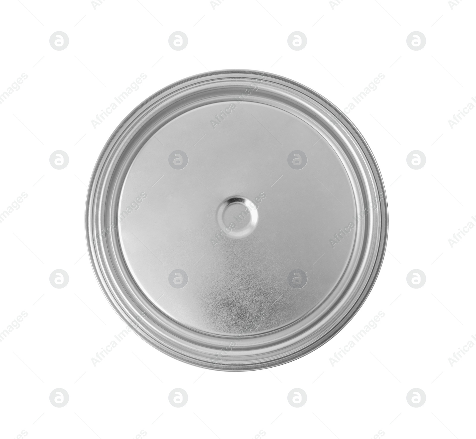 Photo of New metal paint can isolated on white, top view