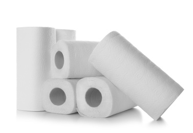 Photo of Rolls of paper towels on white background