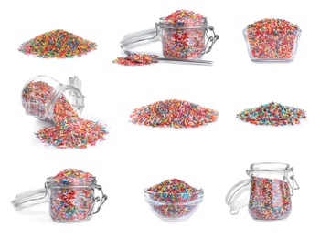 Image of Set with colorful sprinkles on white background. Confectionery decor