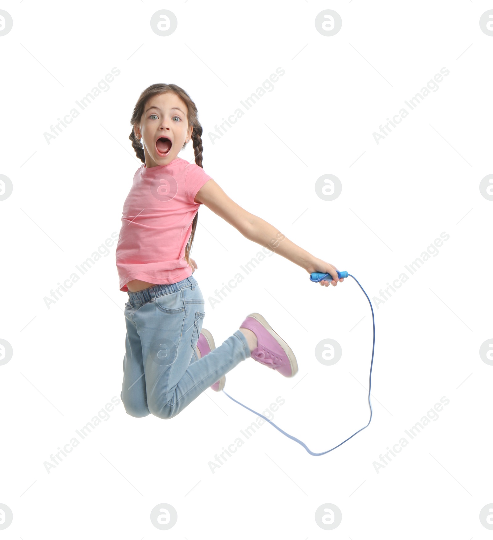 Photo of Cute little girl with jump rope on white background