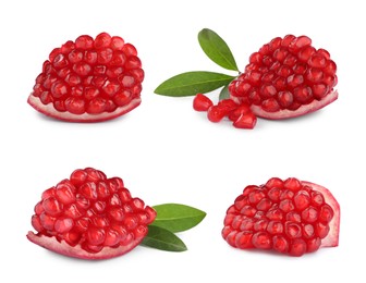 Image of Pieces of ripe juicy pomegranate on white background, collage 