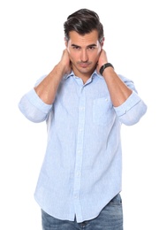 Photo of Portrait of handsome young man on white background