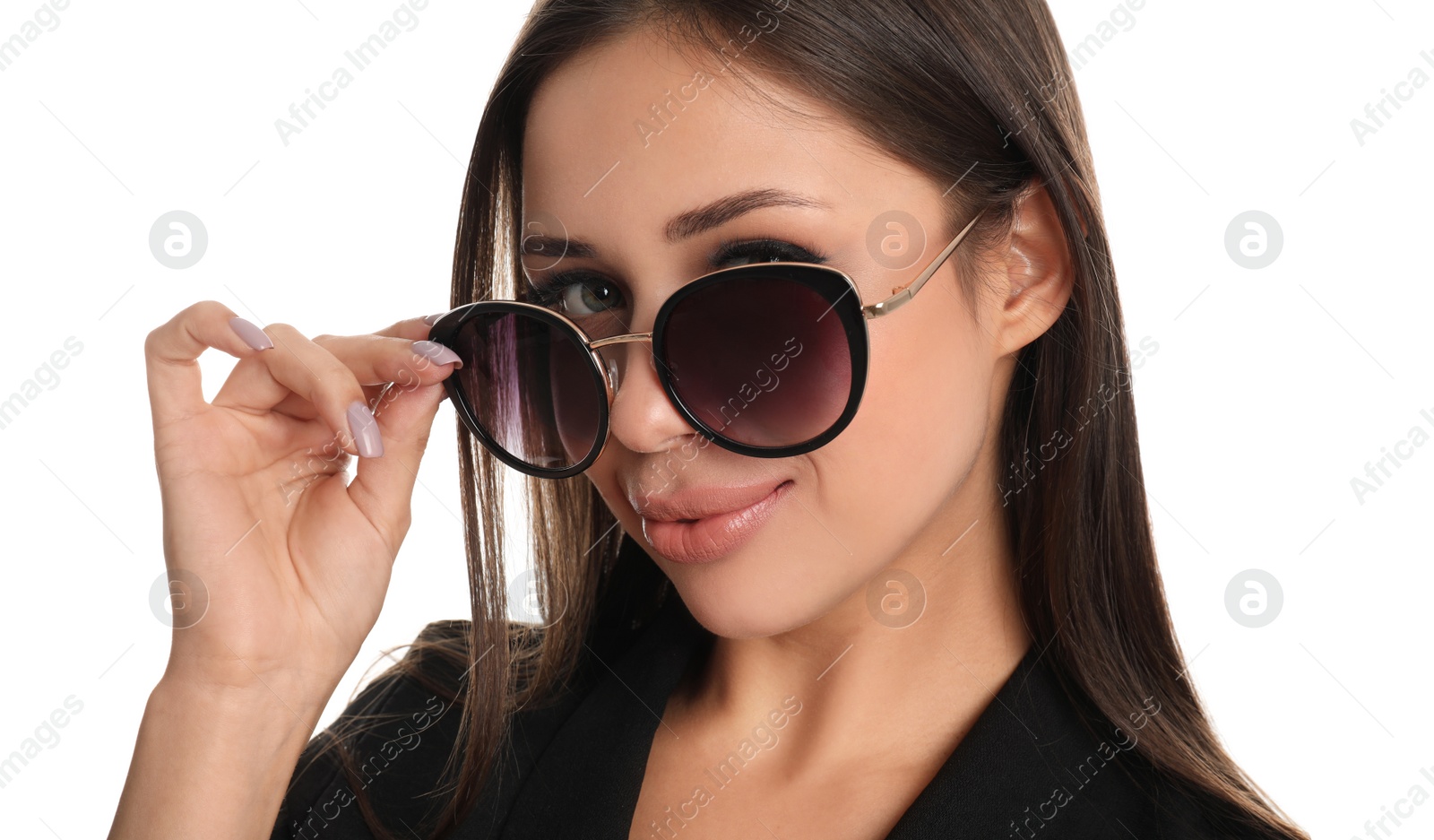 Photo of Beautiful young woman wearing sunglasses on white background, closeup