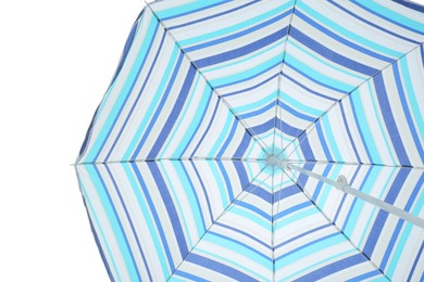 Photo of Open blue striped beach umbrella isolated on white. Inner side