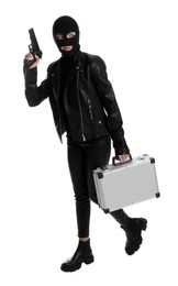 Photo of Woman wearing knitted balaclava with metal briefcase and gun on white background