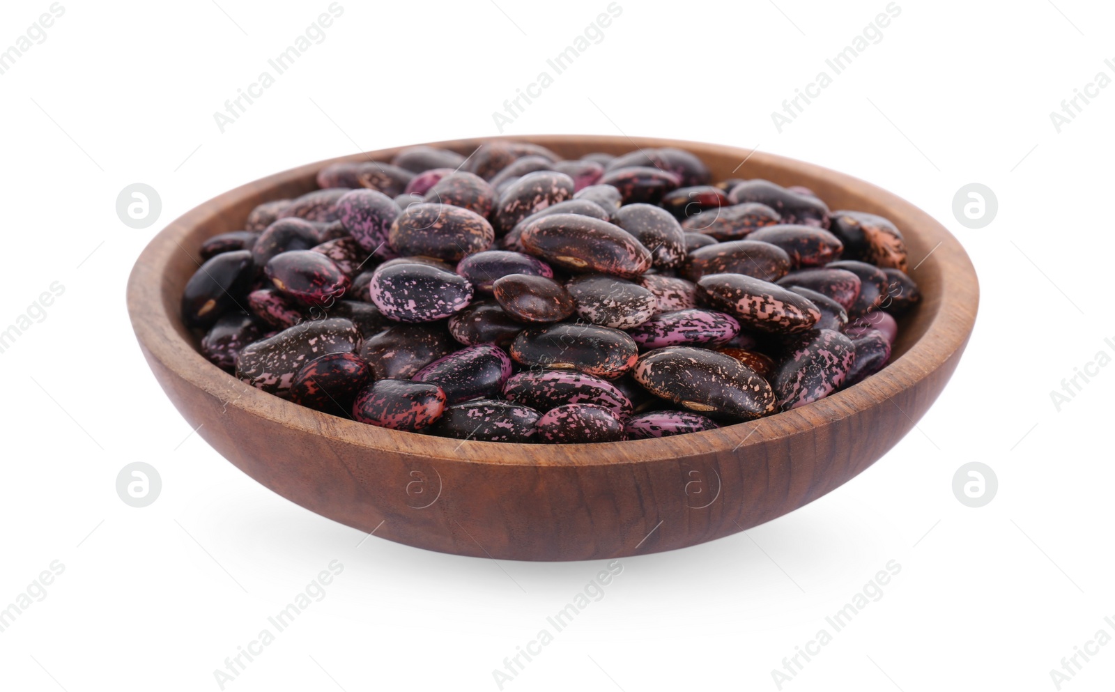 Photo of wooden bowl with dry kidney beans isolated on white