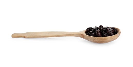 Photo of Spoon of canned kidney beans on white background
