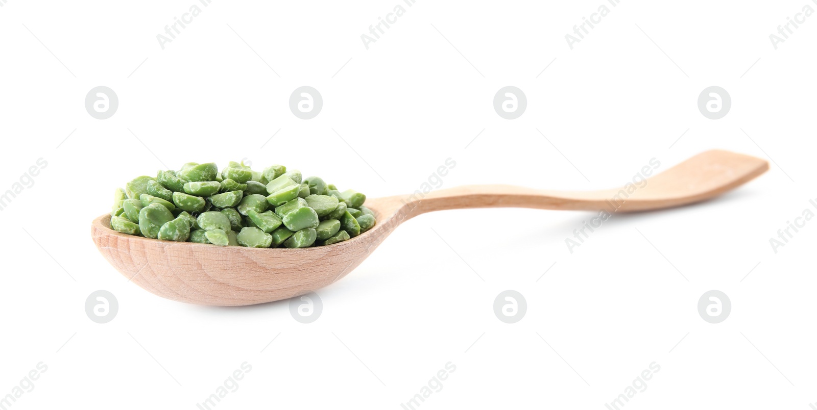 Photo of Spoon with dried peas on white background