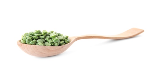 Photo of Spoon with dried peas on white background