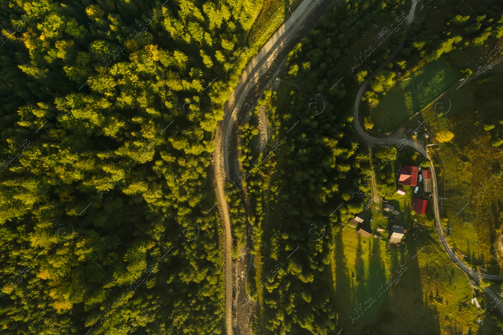 Image of Aerial view of landscape with river, road and village surrounded by green trees. Drone photography