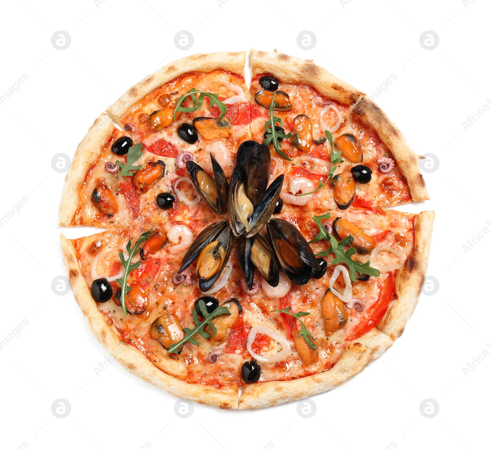 Photo of Tasty pizza with seafood isolated on white, top view