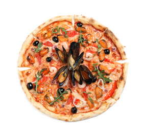 Tasty pizza with seafood isolated on white, top view