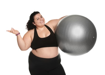 Photo of Overweight woman with fit ball on white background