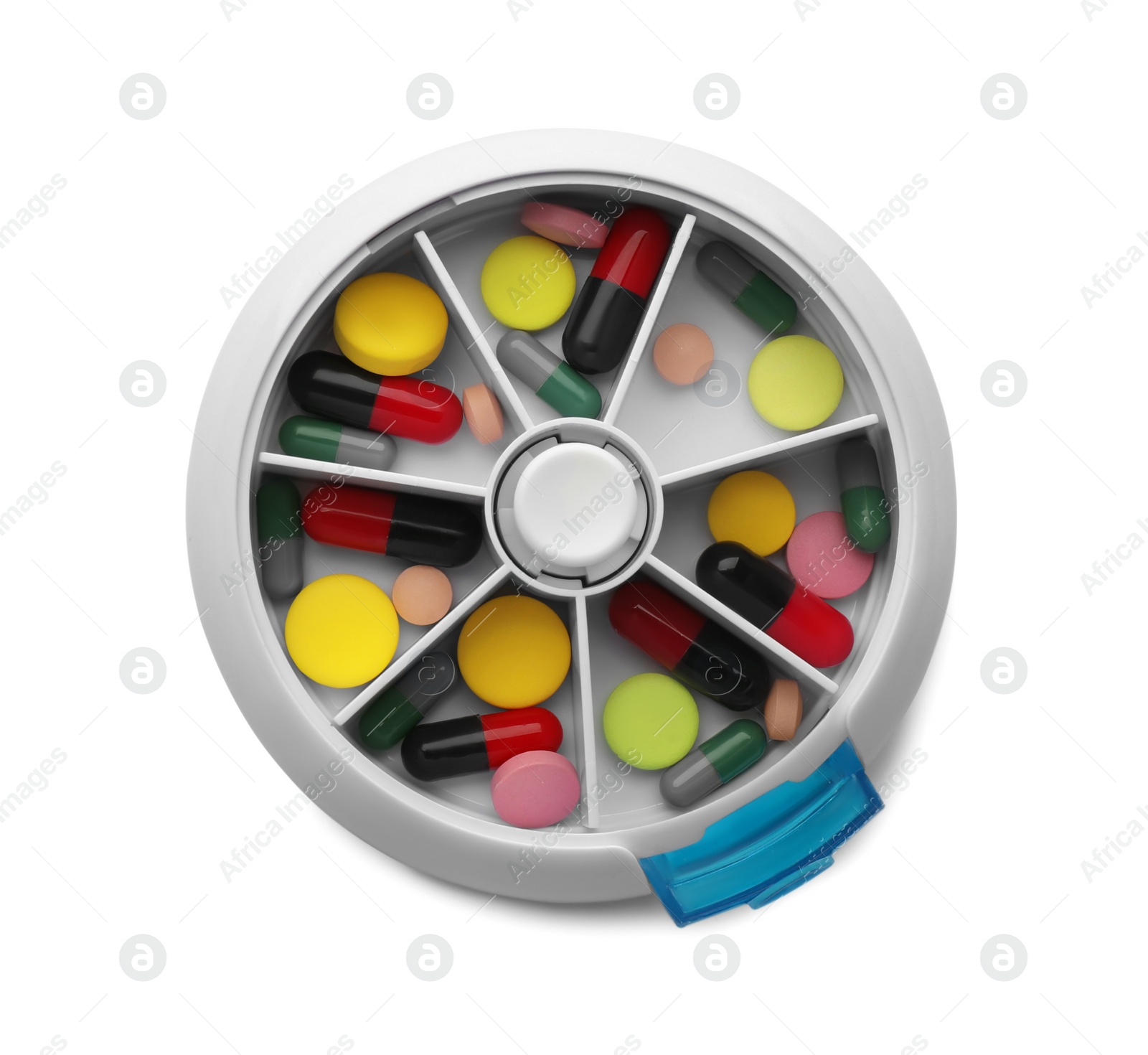 Photo of Plastic box with different pills isolated on white, top view