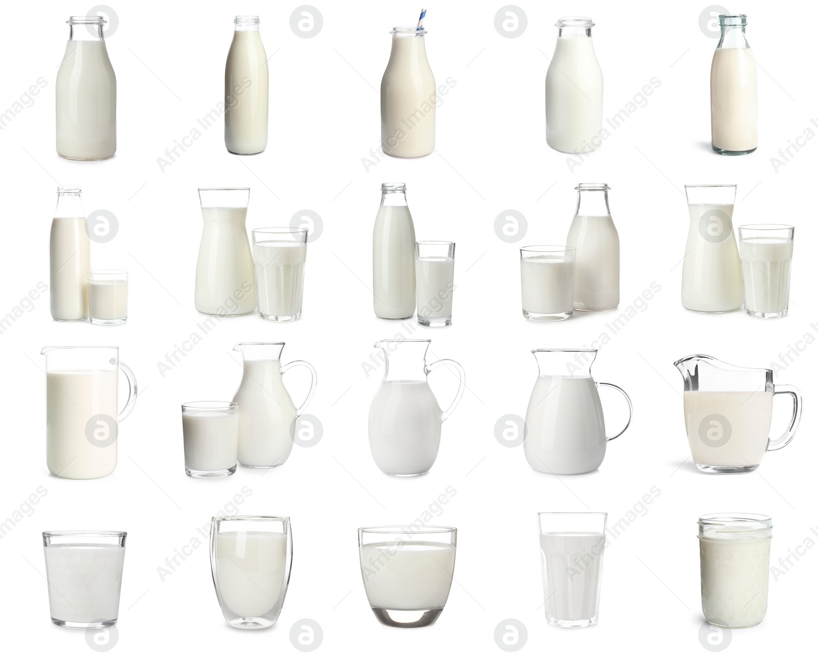 Image of Set with different glassware of fresh milk on white background